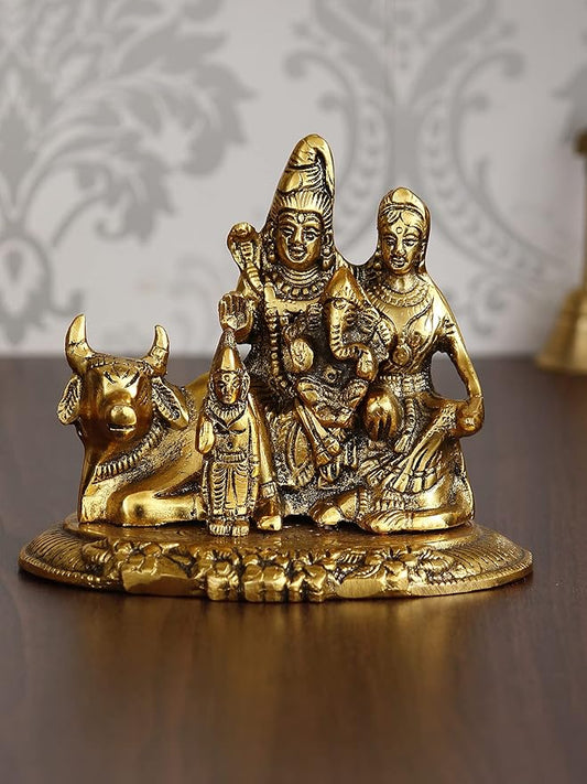Ecraftindia Golden Metal Handcrafted Lord Shiva, Parvati, Kartik, and Ganesha Idol Sitting on Nandi Animal