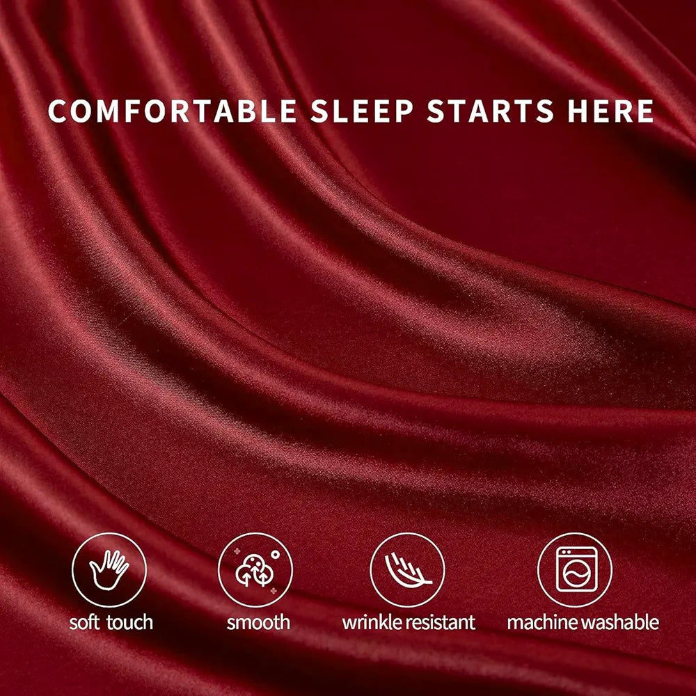 Cloth Fusion Satin Elastic Fitted Bedsheets Double Bed Luxury Queen Size Bed Sheet with 2 Pillow Covers Crimson Red