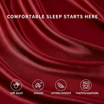 Cloth Fusion Satin Elastic Fitted Bedsheets Double Bed Luxury Queen Size Bed Sheet with 2 Pillow Covers Crimson Red
