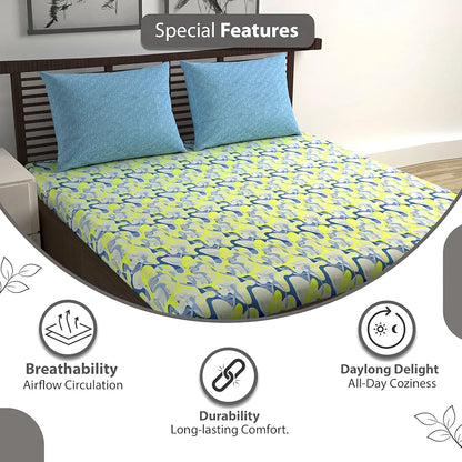Divine Casa 144 TC 100% Pure Cotton Queen Size Double Bed Bedsheet with 2 Pillow Covers Geo Petals Colour Sky Blue Lemon