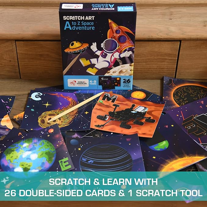 Chalk and Chuckles a to Z Space Adventure | Scratch Art Craft for Kids 4-9 Years | 2 in 1 Learning Activities