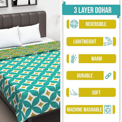 Divine Casa 120 GSM Glace Cotton Double Bed Dohar Lightweight AC Blanket Colour Turquoise Blue & Leaf Green