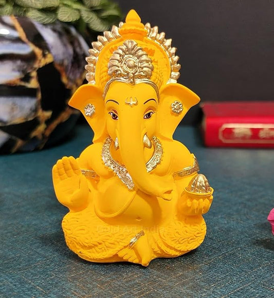 Gold Art India Yellow Mukut Ganesha Good for Divine Home Office Decor Car Dashboard Idol