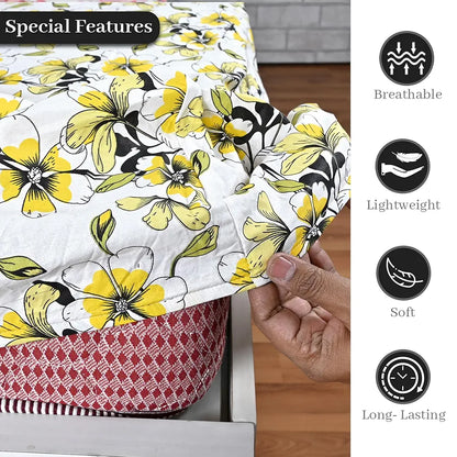 Divine Casa Floret 100% Cotton Double Fitted Bedsheet 144 TC Deep Pocket Design Colour Daffodil Yellow