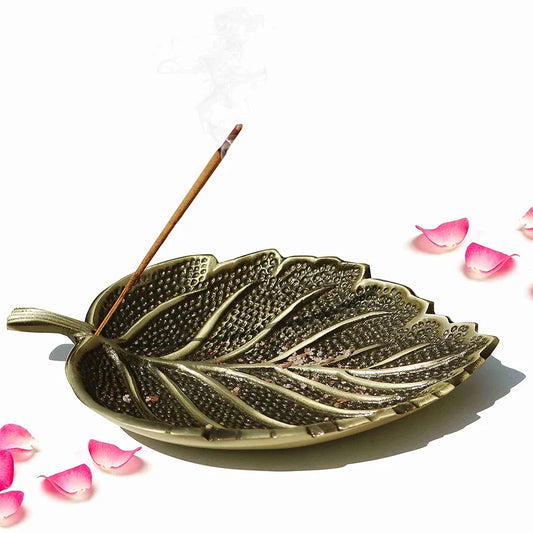Pure Source India Leaf Design Aluminium Agarbatti Stand Incense Holder Ashcacher Antique