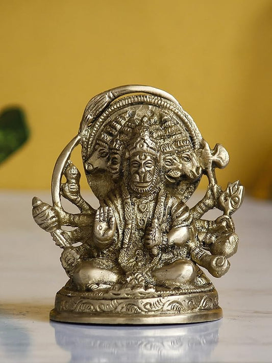 Ecraftindia Golden Brass Handcrafted Sitting Panchmukhi Hanuman Statue | Bajrangbali Religious Idol Murti