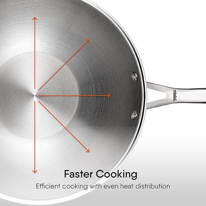 Stahl Artisan Triply Stainless Steel Wok With Lid | Deep Frypan Induction Base | Induction & Gas Stove Compatible | 2.4 L | 24 Cm
