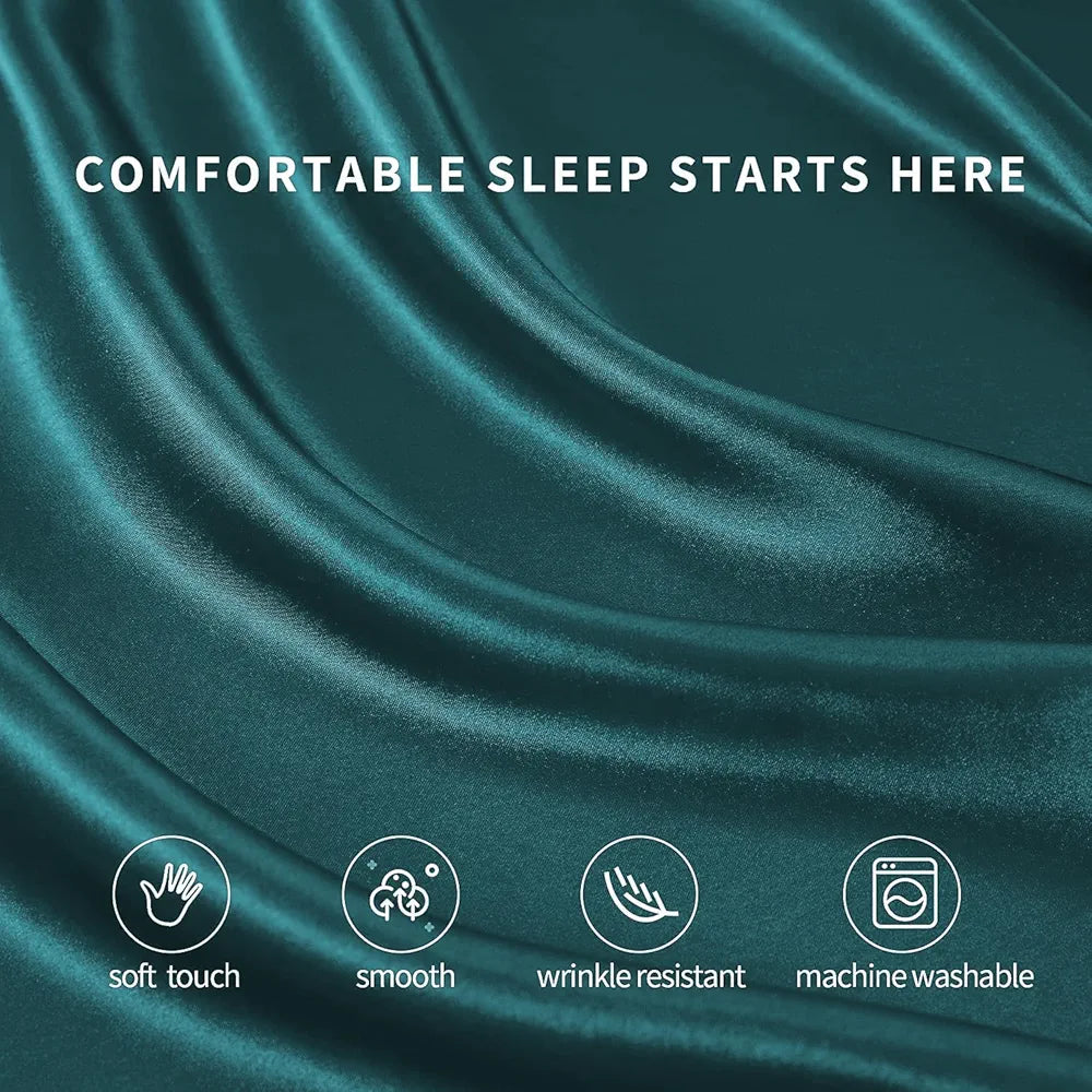Cloth Fusion Satin Elastic Fitted Bedsheet for Double Bed King Size with 2 Pillow Covers H603 280 TC Peacock Green