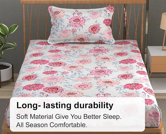 Fresh From Loom Floral Print 240 TC Single Bed Microfiber Bedsheet Set 1 Pillow Covers Rose-Offwhite