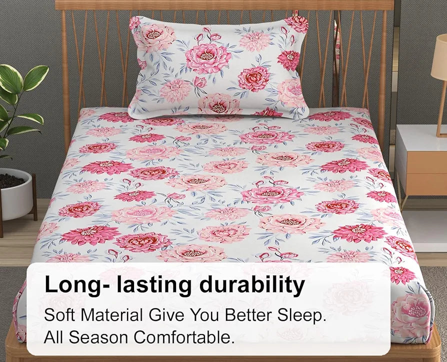Fresh From Loom Floral Print 240 TC Single Bed Microfiber Bedsheet Set 1 Pillow Covers Rose-Offwhite