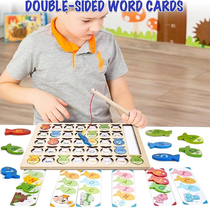 Kidology Wooden Magnetic Fishing Game & Montessori Alphabet Puzzle