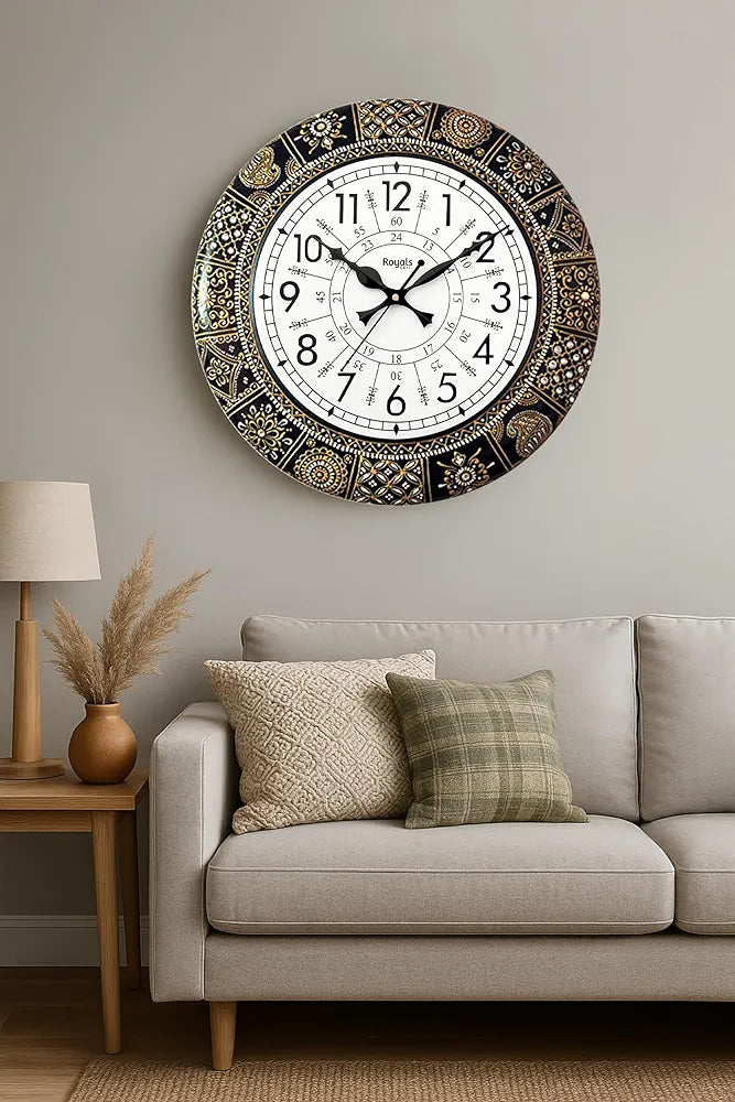RoyalsCart Ethnic Handcrafted Designer Wall Clock with Rajasthani Floral Painting Black Wooden Wall Clock [KTWC281N] Black Designer Painting