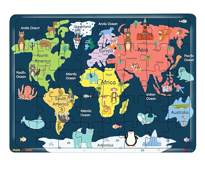Fiddlys 40 Pcs Paperless Wooden Jigsaw Puzzle for Kids Learning Educational Toy for 4 Years and Above | World Map & Solar System