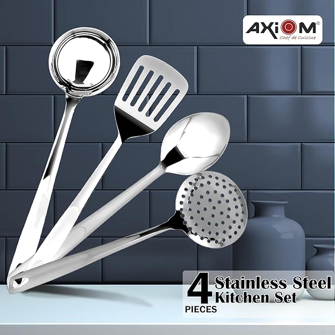 Axiom Stainless Steel Kitchen Tools Set of 4 pcs Non-Stick Set of Ladle Karchi Solid Spoon