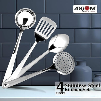 Axiom Stainless Steel Kitchen Tools Set of 4 pcs Non-Stick Set of Ladle Karchi Solid Spoon