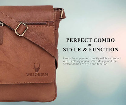 WildHorn� Leather 8.5 inch Sling Messenger Bag for Men I Multipurpose Crossbody Bag I Travel Bag with Adjustable Strap I IDIMENSION: L- 8.5inch H- 10.5inch W- 3inch