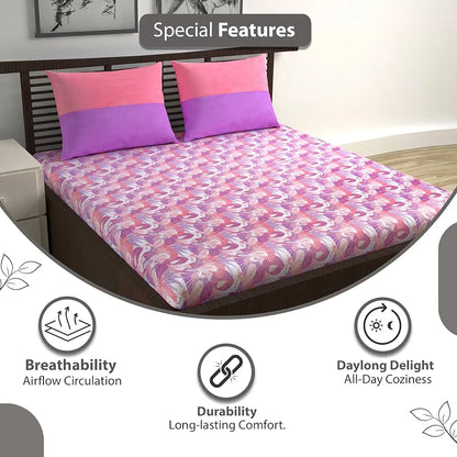 Divine Casa 144 TC Pure Cotton Double Bedsheet with 2 Pillow Covers Floral Paisley Colour Lavender Pink