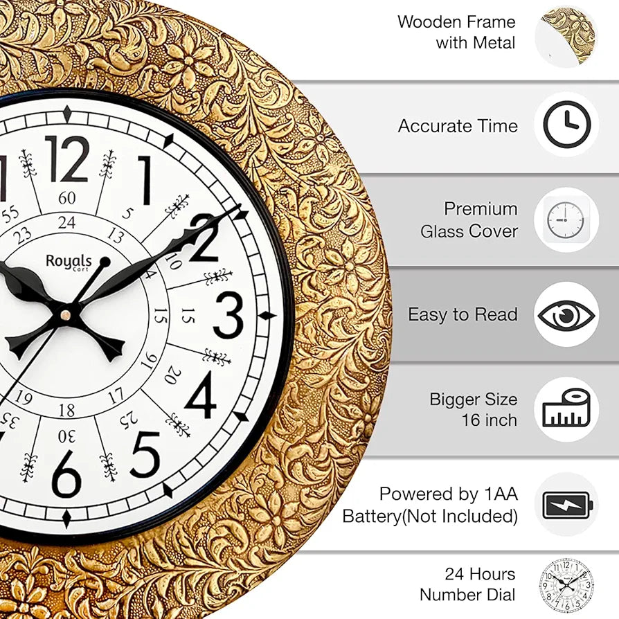 RoyalsCart Ethnic Handcrafted Decorative Wall Clock with Emboss Metal Golden Antique Wooden Wall Clock [KTWC255N] Golden Emboss Metal