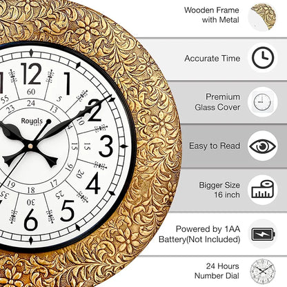 RoyalsCart Ethnic Handcrafted Decorative Wall Clock with Emboss Metal Golden Antique Wooden Wall Clock [KTWC255N] Golden Emboss Metal