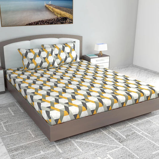 Divine Casa 144 TC Abstract Print Cotton Bedsheets for King Size Bed with 2 Pillow Covers Colour Greyochre