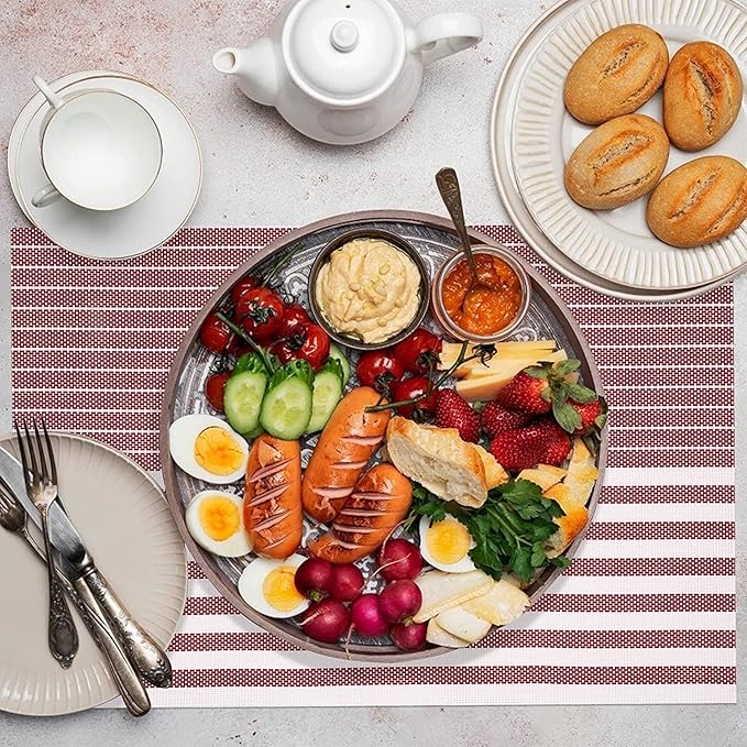 Pepplo PVC Placemats Placemats for Dining Table Heat Resistant Placemats Set of 6 Wine Red Line (PLC10D6)