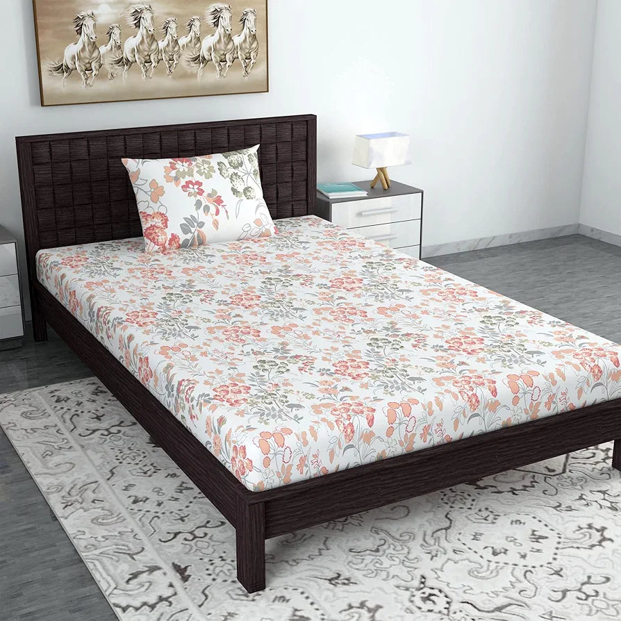 Divine Casa 144 TC 100% Cotton Bedsheet for Single Bed with 1 Pillow Cover Colour Peach Blush