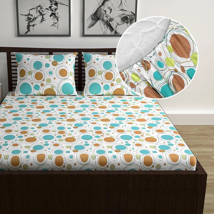 Divine Casa 144 TC Polka Dots White Skin Friendly 100% Cotton Double Bed Sheet Queen Size Elastic Fitted Colour Biscuit Baltic Sea