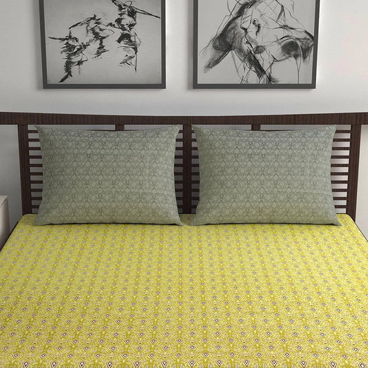 Divine Casa 144 TC 100% Pure Cotton Double Bedsheet with 2 Pillow Covers Ikat Diamond Print Colour Mustard Yellow