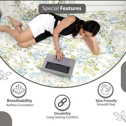 Divine Casa Double Size Bedsheet for Double Bed, 144 TC Pure Cotton Queen Size with 2 Pillow Covers Floral Colour Mint Blue