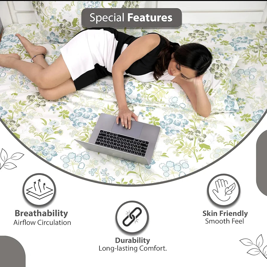 Divine Casa 144 TC Super Soft 100% Cotton Bedsheet for Double Bed  144 Thread Count Floral Colour Green Blush