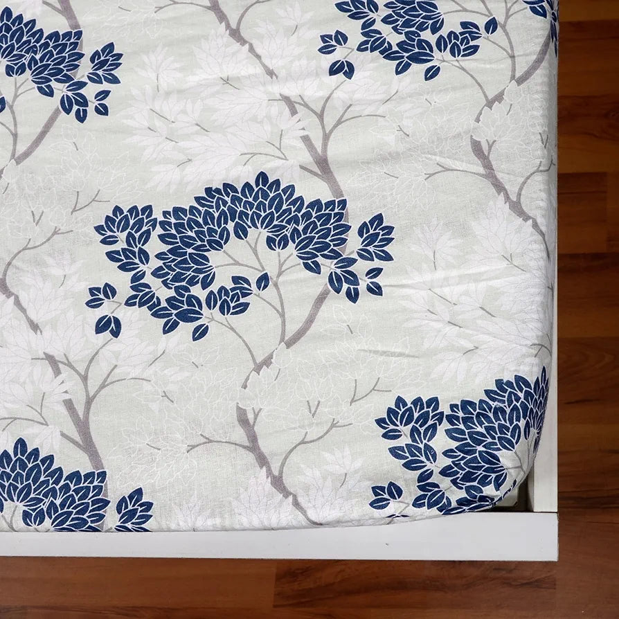 Divine Casa 144 TC 100% Cotton Floral Pattern Elastic Fitted Queen Size Bedsheet with 2 Pillow Covers Cream & Brown Print Ideal Colour Harbor Mist