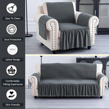 Kuber Industries Soft Velvet Quilted Single Seater Sofa Cover with Pocket Arms Frill Grey