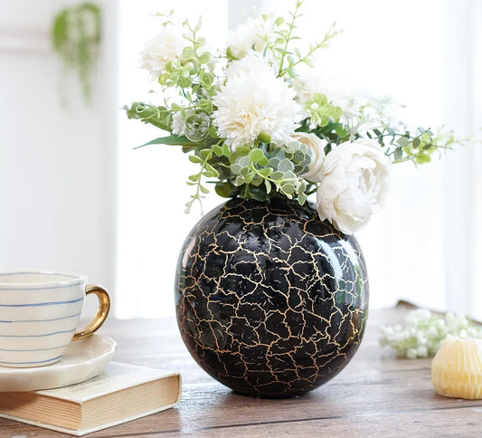 Behoma Metal Ball Vase for Home Decor Black Crackled Medium Flowers not Included