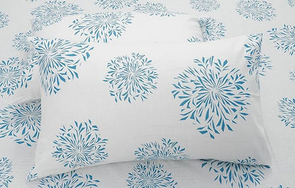 Huesland by Ahmedabad Cotton 144 TC Cotton Bedsheets for King Size Bed with 2 Pillow Covers | White (Blue Print)
