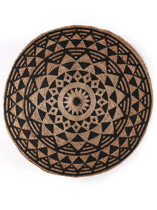 Sashaa World Handwoven Black Symmetric Design Jute Rugs Round Braided Floor Carpet Mat