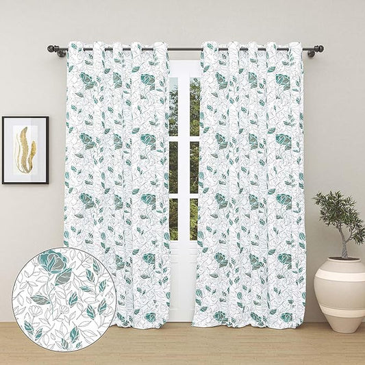 Haus & kinder Cotton Curtains Set of 2 for Bedroom Window Door Curtains | Colour Blooming Roses Aqua