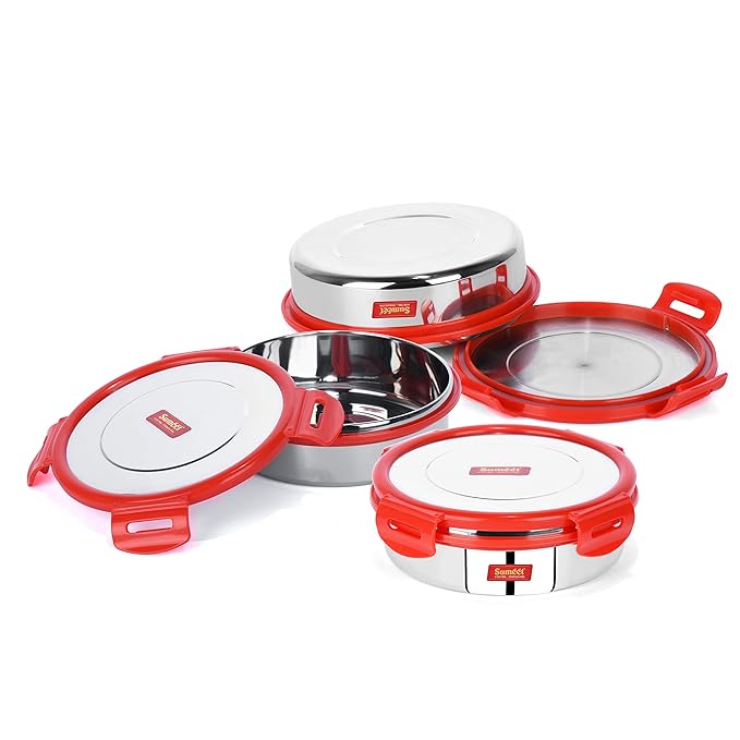 Sumeet Airtight & Leak Proof Steelexo S. S.Lunch Box Lid Size 600 ml Set of 3pc Red
