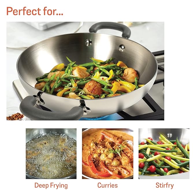 Meyer Trivantage Nickel Free Stainless Steel Triply Kadai with Steel Lid 30cm Silver