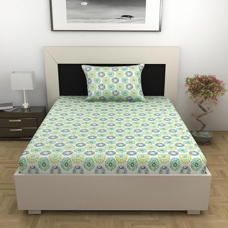 Divine Casa 144 TC 100% Cotton Single Bedsheet with 1 Pillow Cover  Flral Pattern Colour Calery
