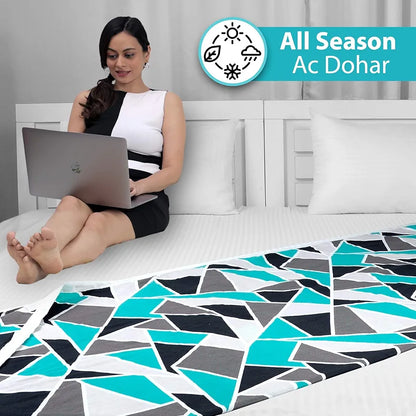 Divine Casa 100% Cotton 144 TC Reversible Geometric Printed Double Bed AC Dohar Blanket for Mild Winter TC - 144 Colour Crystal Teal