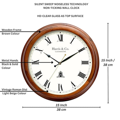 Harris & Co. Clockmasters Luxury Vintage Thick Wooden Frame Hd Clear Glass With Silent Sweep Noiseless Technology Roman Design Analog Wall Clock