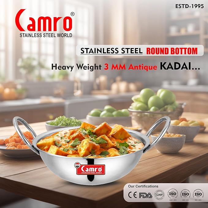 Camro Triply Round Bottom Kadhai 13 No 2.5 Liters Stainless Steel Lid for Curry StirFry