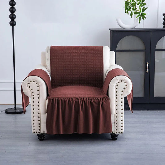 Kuber Industries Soft Velvet Quilted Single Seater Sofa Cover with Pocket Arms Frill Maroon