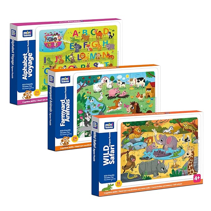 Mini Leaves 3 Puzzles With 83 Pieces | Animal Wooden Jigsaw Puzzle for 4-6 Years | Educational Puzzle Game for Kids