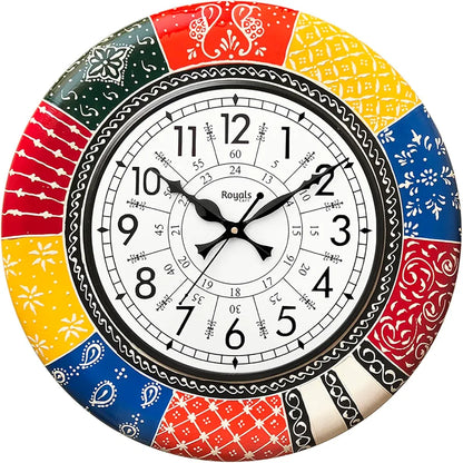 RoyalsCart Ethnic Handcrafted Decorative Wall Clock with Rajasthani Painting Multicolour Wooden Clock [KTWC139N] Boistrous Designer Painting