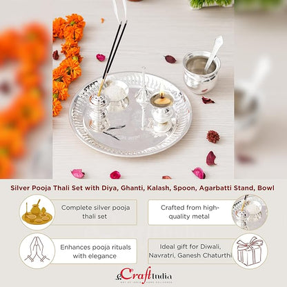 Ecraftindia Silver Pooja Thali Set With Diya, Ghanti, Kalash, Spoon, Agarbatti Stand, Bowl
