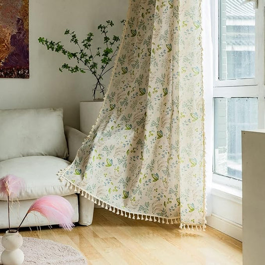 Huesland Cotton Curtains for Door, 7 Feet Long 1 Bohemian Eyelet Curtain | Green Leaf Floral