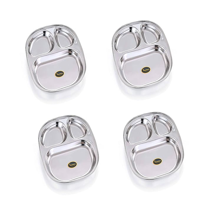 Kanshitas Rasoiware Stainless Steel Pav Bhaji Plate Thali 3 in 1 Partition Plate 10.2 Inch 4 Pcs