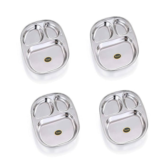 Kanshitas Rasoiware Stainless Steel Pav Bhaji Plate Thali 3 in 1 Partition Plate 10.2 Inch 4 Pcs