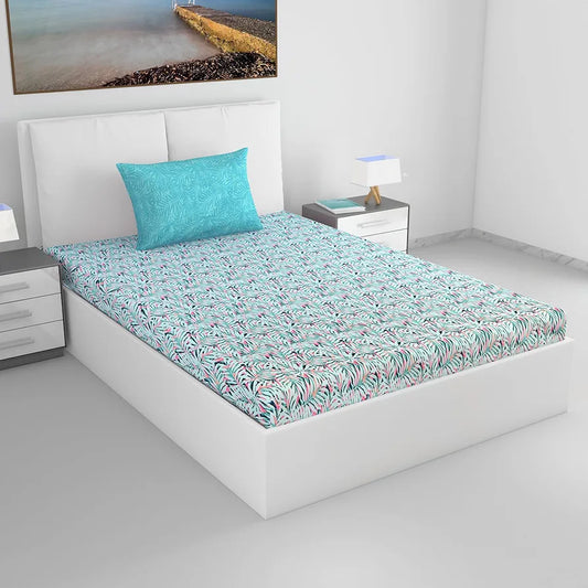 Divine Casa 144 TC 100% Pure Cotton Single Bedsheet with 1 Pillow Cover Floral Leaf Pattern Colour Soft Pink Blue